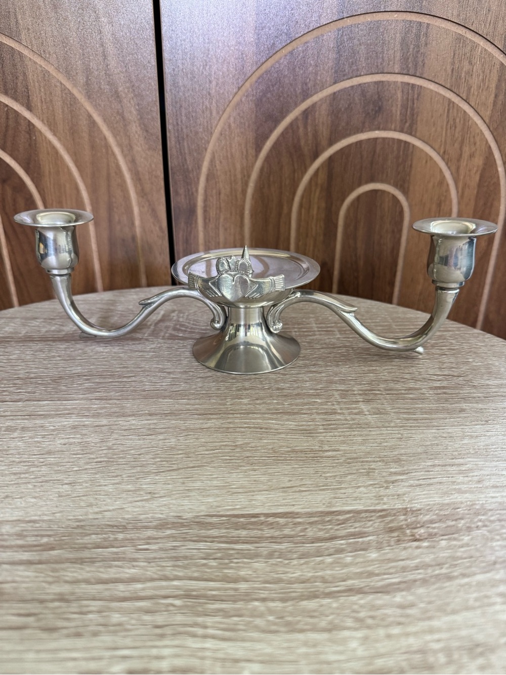 Silver Plated Double Arm Candle Holder with Claddagh made in Ireland